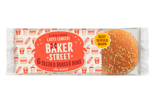 An image of Baker Street - 6 Seeded Burger Buns Pre-Sliced  from Best Before Its Gone, we stock products near or past their best Before Date.
