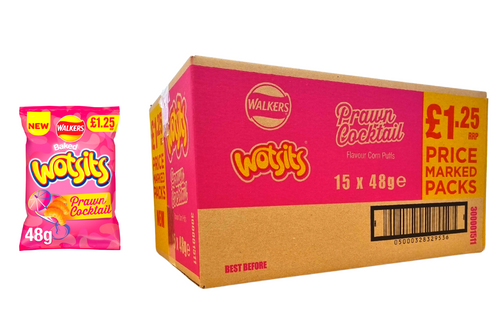 An image of Box of Walkers - Baked Wotsits - Prawn Cocktail Flavour Corn Puffs - 15 x 48g from Best Before Its Gone, we stock products near or past their best Before Date.