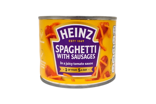 An image of Heinz - Spaghetti with Sausages in a Juicy Tomato Sauce - 200g from Best Before Its Gone, we stock products near or past their best Before Date.