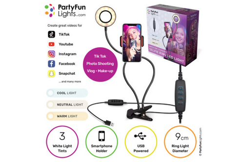 An image of Party Fun Lights - Selfie Ring LED Light 9 cm - Flexible Clamp, Phone Holder with USB Plug from Best Before Its Gone, we stock products near or past their best Before Date. An image of Party Fun Lights - Selfie Ring LED Light 9 cm - Flexible Clamp, Phone Holder with USB Plug from Best Before Its Gone, we stock products near or past their best Before Date.