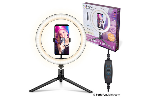 An image of Party Fun Lights - Selfie Ring LED Light 26 cm - Tripod, Phone Holder with USB Plug from Best Before Its Gone, we stock products near or past their best Before Date. An image of Party Fun Lights - Selfie Ring LED Light 26 cm - Tripod, Phone Holder with USB Plug from Best Before Its Gone, we stock products near or past their best Before Date.