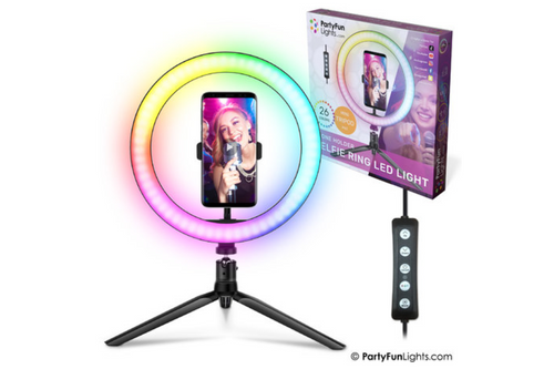 An image of Part  Fun Lights - Multi-Color Selfie Ring LED Light 26 cm - Tripod, Phone Holder with USB  Plug. from Best Before Its Gone, we stock products near or past their best Before Date.