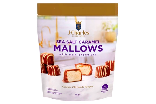 An image of J. Charles Chocolatier - Sea Salt Caramel Mallows with Milk Chocolate - 500g from Best Before Its Gone, we stock products near or past their best Before Date.