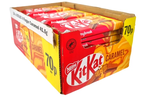 An image of  Box of Nestle - KitKat - 4 Finger Caramel Milk Chocolate Bar - 24 x 41.5g from Best Before Its Gone, we stock products near or past their best Before Date.