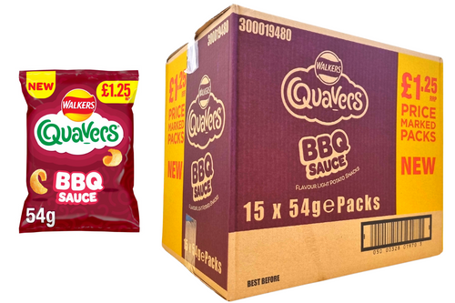 An image of  Box of Walkers - Quavers - BBQ Sauce Flavour Potato Snacks Crisps - 15 x 54g from Best Before Its Gone, we stock products near or past their best Before Date.