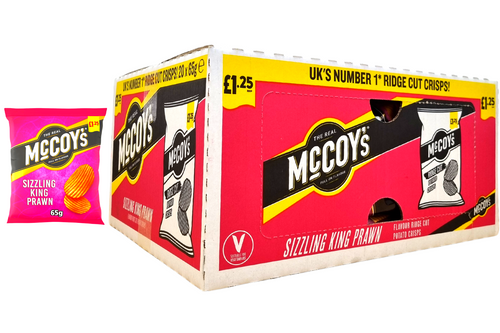 An image of  Box of McCoy's - Ridge Cut - Sizzling King Prawn Flavour Crisps - 20 x 65g from Best Before Its Gone, we stock products near or past their best Before Date.