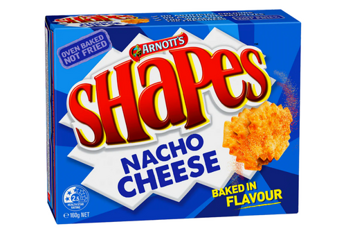 An image of Arnott's - Shapes - Nacho Cheese Flavoured Biscuits - 160g (Damaged Packaging) from Best Before Its Gone, we stock products near or past their best Before Date.