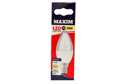 An image of Maxim - LED Light Bulb - Candle - Small Screw Cap - Pearl - Cool White - 3W/25W from Best Before Its Gone, we stock products near or past their best Before Date.