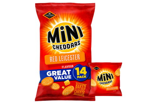 An image of Jacob's - Mini Cheddars - Red Leicester Flavour - 14 Pack - 322g (14 x 23g) from Best Before Its Gone, we stock products near or past their best Before Date.