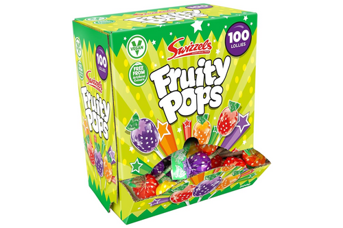 An image of Box of Swizzels - Fruity Pops Lollies - Vegan - 100 x 8g Approx (Damaged Packaging) from Best Before Its Gone, we stock products near or past their best Before Date.