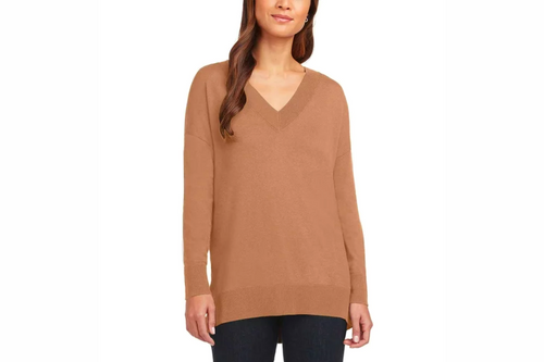 An image of matty m. - Ladies V-Neck Sweater with Side Slits - Camel - Small from Best Before Its Gone, we stock products near or past their best Before Date.