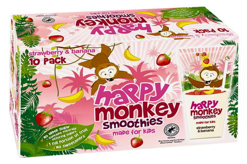 An image of Happy Monkey - Strawberry &amp; Banana Smoothies - 10 x 180ml from Best Before Its Gone, we stock products near or past their best Before Date.