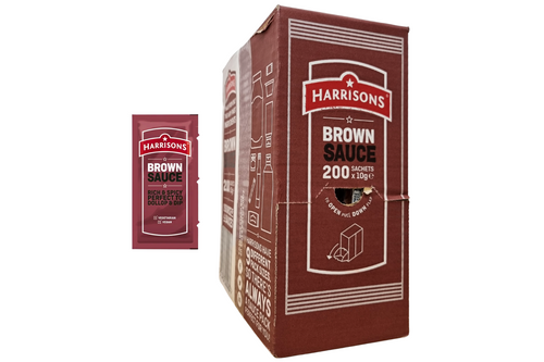 An image of Box of Harrisons - Brown Sauce - Vegan - 200 Sachets x 10g from Best Before Its Gone, we stock products near or past their best Before Date.
