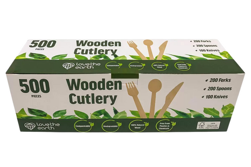 An image of Love The Earth - Wooden Cutlery - 500 Pack from Best Before Its Gone, we stock products near or past their best Before Date.