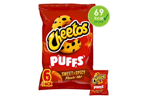 An image of Cheetos - Puffs - Sweet &amp; Spicy - Flamin' Hot Flavour Corn Puffs - 6 x 13g from Best Before Its Gone, we stock products near or past their best Before Date.