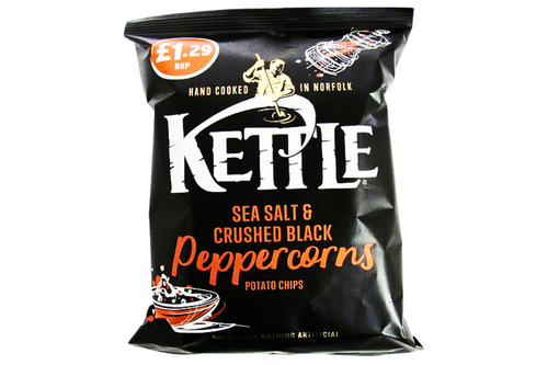 An image of Kettle Chips - Sea Salt &amp; Crushed Black Peppercorns Potato Chips - Vegan - 80g from Best Before Its Gone, we stock products near or past their best Before Date.