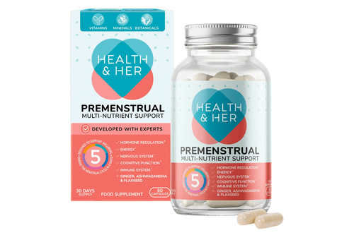 An image of Health & Her - Premenstrual - Multi-Nutrient Support - Vegan - 60 Capsules from Best Before Its Gone, we stock products near or past their best Before Date. An image of Health & Her - Premenstrual - Multi-Nutrient Support - Vegan - 60 Capsules from Best Before Its Gone, we stock products near or past their best Before Date.