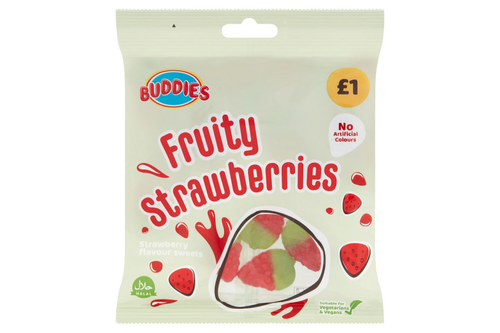 An image of Buddies - Fruity Strawberries - Vegan - 160g from Best Before Its Gone, we stock products near or past their best Before Date.