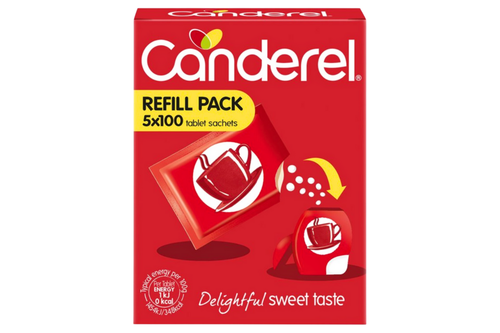 An image of Canderel - Refill Pack - 5 x 100 Tablet Sachets (Damaged Packaging) from Best Before Its Gone, we stock products near or past their best Before Date.