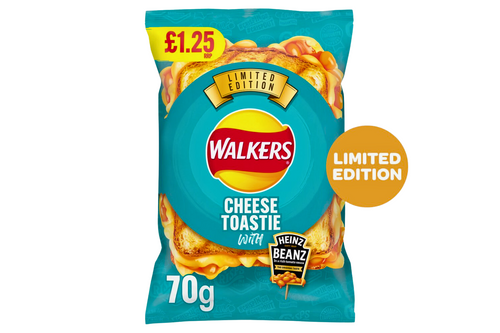 An image of Walkers - Cheese Toastie with Heinz Baked Beans Flavour Potato Crisps - 70g from Best Before Its Gone, we stock products near or past their best Before Date.
