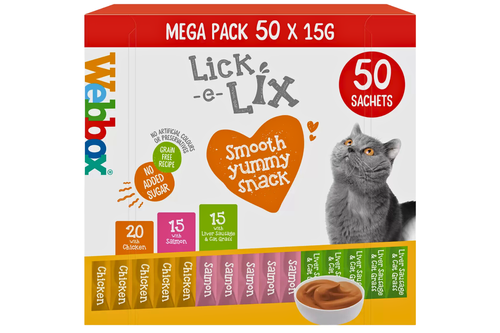 An image of Webbox - Lick-e-Lix - Cat Treat Mega Pack - 50 x 15g (Damaged Packaging)  from Best Before Its Gone, we stock products near or past their best Before Date.