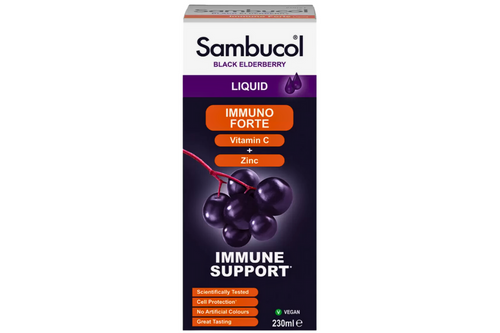 An image of Sambucol - Immuno Forte - Black Elderberry Liquid - Vegan - 230ml from Best Before Its Gone, we stock products near or past their best Before Date.