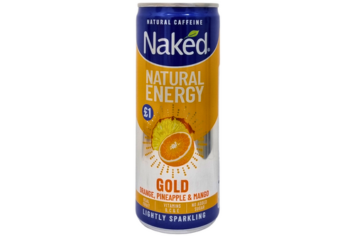 An image of Naked - Natural Energy - Gold - Orange, Pineapple &amp; Mango Lightly Sparkling Drink - Vegan - 250ml from Best Before Its Gone, we stock products near or past their best Before Date.