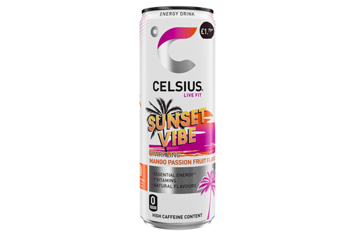 An image of Celsius Live Fit - Sunset Vibe - Sparkling Mango Passion Fruit Flavour Energy Drink - Vegan - 355ml from Best Before Its Gone, we stock products near or past their best Before Date.