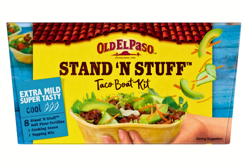 An image of Old El Paso - Stand 'N Stuff - Taco Boat Kit - Extra Mild Super Tasty - Cool - 329g from Best Before Its Gone, we stock products near or past their best Before Date.