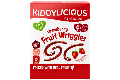 An image of Kiddylicious - Strawberry Fruit Wriggles Snacks - 12 Month + - 4 x 12g (48g) from Best Before Its Gone, we stock products near or past their best Before Date.