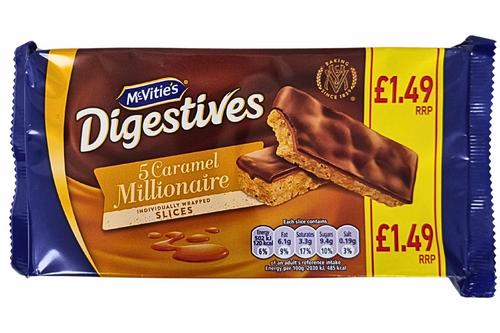 An image of McVitie's - Digestives - 5 x Caramel Millionaire Slices - Individually Wrapped from Best Before Its Gone, we stock products near or past their best Before Date.