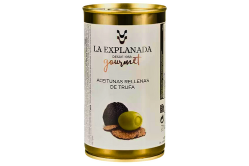 An image of La Explanada - Green Olives Stuffed with Truffle - 350g (Damaged/Dented Tin) from Best Before Its Gone, we stock products near or past their best Before Date.