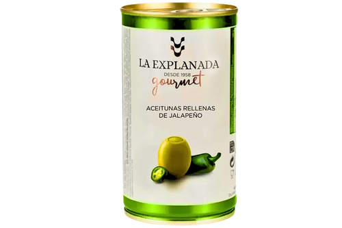 An image of La Explanada - Green Olives Stuffed with Jalapeno Pepper - 350g (Damaged/Dented Tin)  from Best Before Its Gone, we stock products near or past their best Before Date.
