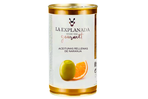 An image of La Explanada - Green Olives Stuffed with Orange - 350g (Damaged/Dented Tin) from Best Before Its Gone, we stock products near or past their best Before Date.