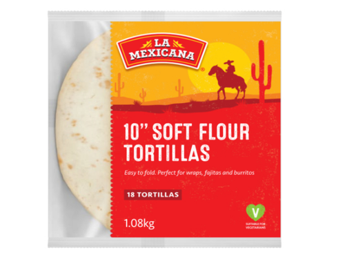 An image of La Mexicana - 10 inch - Soft Flour Tortillas - 18 Tortillas from Best Before Its Gone, we stock products near or past their best Before Date.