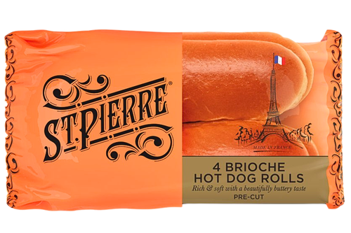 An image of St Pierre - 4 Brioche Hot Dog Rolls - Pre-Cut - 180g from Best Before Its Gone, we stock products near or past their best Before Date.