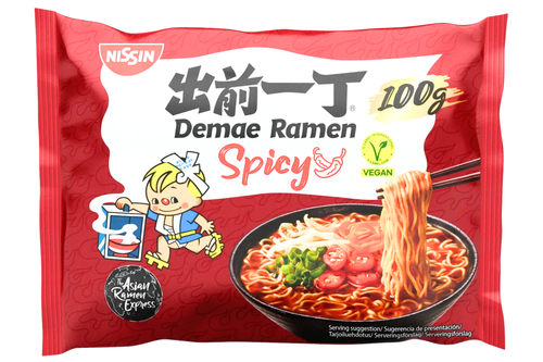 An image of Nissin - Demae Ramen Spicy Noodles - Soup with Instant Noodles - Vegan - 100g from Best Before Its Gone, we stock products near or past their best Before Date.