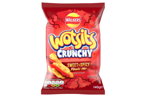 An image of Walkers - Wotsits Crunchy - Sweet &amp; Spicy Flamin' Hot Flavour Corn Puffs - 140g from Best Before Its Gone, we stock products near or past their best Before Date.