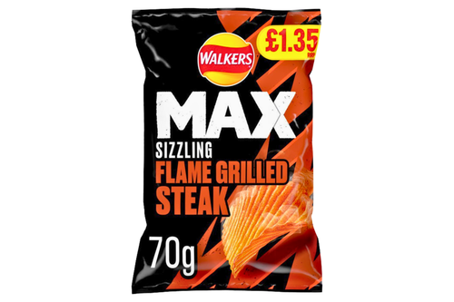 An image of Walkers - Max - Sizzling Flame Grilled Steak Flavour Crisps - 70g from Best Before Its Gone, we stock products near or past their best Before Date.