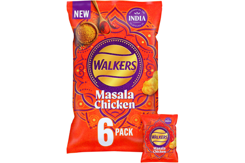 An image of Walkers - Masala Chicken Flavour Potato Crisps - 6 Pack (6 x 25g) from Best Before Its Gone, we stock products near or past their best Before Date.