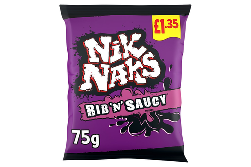 An image of Nik Naks - Rib 'N' Saucy Flavour Corn Snacks - 75g from Best Before Its Gone, we stock products near or past their best Before Date.