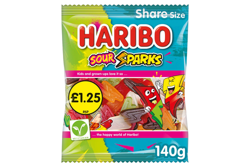 An image of Haribo - Sour Sparks - Sour Fruit &amp; Cola Flavour Gums - 140g from Best Before Its Gone, we stock products near or past their best Before Date.
