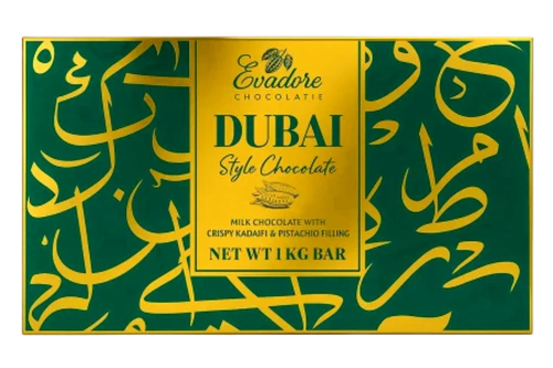 An image of Evadore - Dubai Style Chocolate Bar - 1kg (Damaged Packaging) from Best Before Its Gone, we stock products near or past their best Before Date