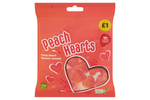 An image of Best-in - Peach Hearts - Fizzy Peach Flavour Sweets - Vegan - 160g from Best Before Its Gone, we stock products near or past their best Before Date.