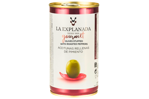 An image of La Explanada - Green Olives Stuffed with Roasted Pepper - 350g (Damaged/Dented Tin) from Best Before Its Gone, we stock products near or past their best Before Date.
