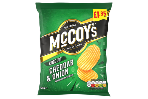 An image of McCoy's - Ridge Cut - Cheddar & Onion Flavour Crisps - 65g from Best Before Its Gone, we stock products near or past their best Before Date.