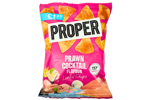 An image of Proper Chips - Prawn Cocktail Flavour Lentil Chips - Vegan - 50g from Best Before Its Gone, we stock products near or past their best Before Date.