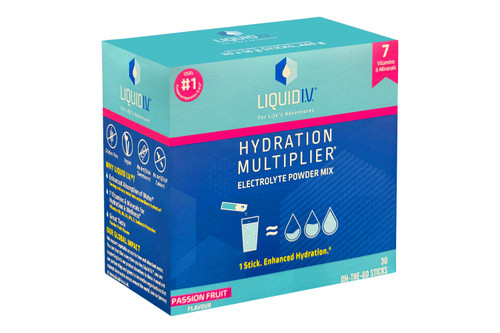 An image of Liquid I.V. - Hydration Multiplier - Electrolyte Powder Mix - Passion Fruit Flavour - Vegan - 30 x 16g Sticks (Damaged Packaging) from Best Before Its Gone, we stock products near or past their best Before Date.