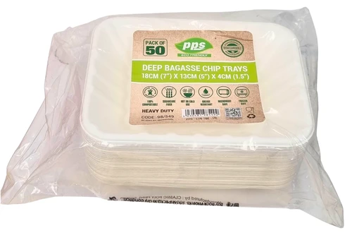 An image of PPS - Biodegradable Deep Bagasse Chip Trays - Pack of 50 from Best Before Its Gone, we stock products near or past their best Before Date.