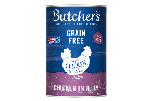An image of Butcher's - Chicken & Liver in Jelly - Grain Free - Adult Dogs - 400g (Damaged/Dented Tin) from Best Before Its Gone, we stock products near or past their best Before Date.